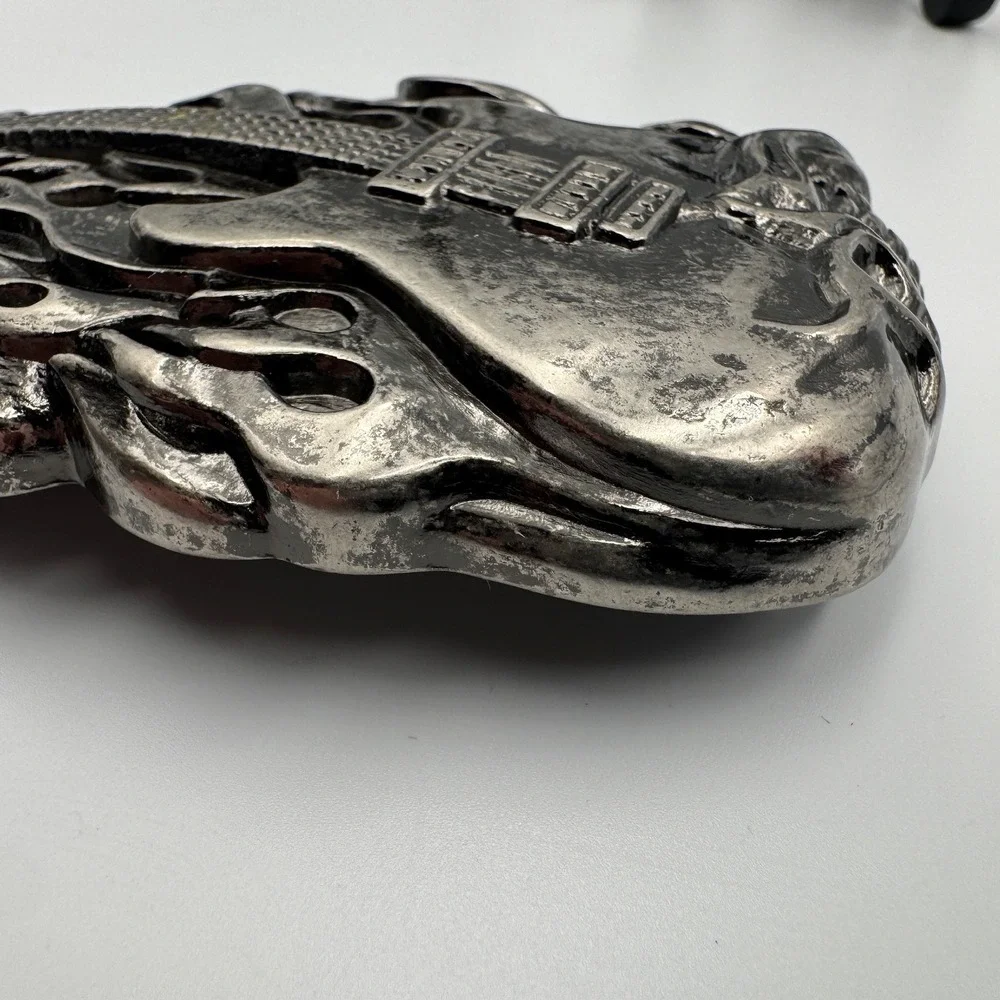 Screaming Skull Electric Guitar Flames Belt Buckle‎ Antique Silver Biker Rocker